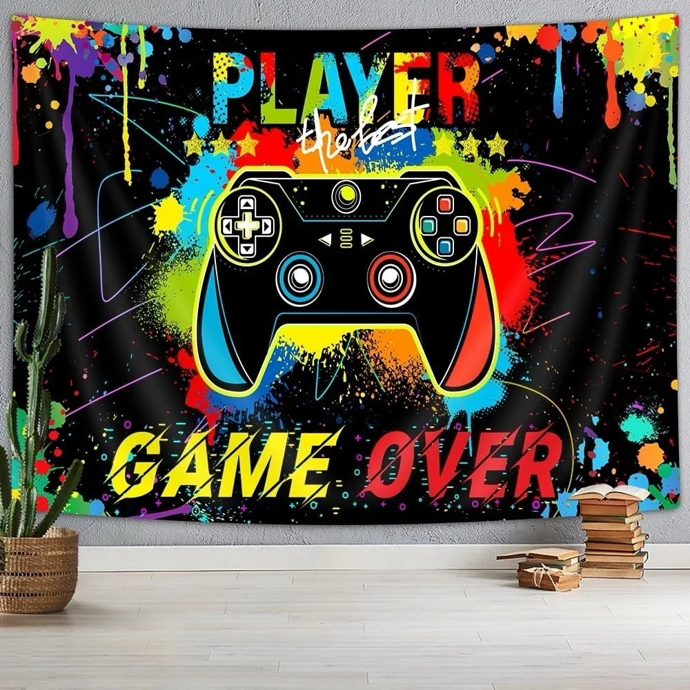 Gamer Wall Tapestry Video Game Controller Neon Paint Splatter Game Over Decor